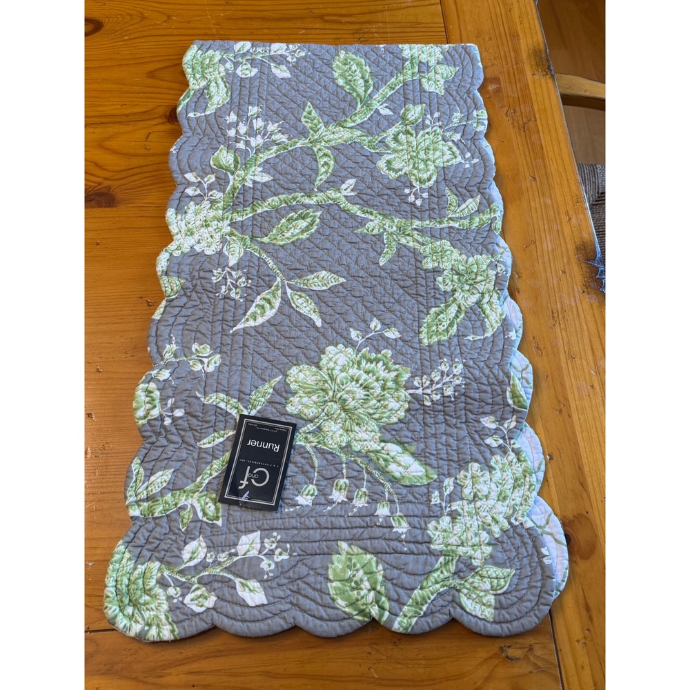 C & F Home Reversible Quilted Table Runner 51" x 14" Annabelle Green & Gray NWT